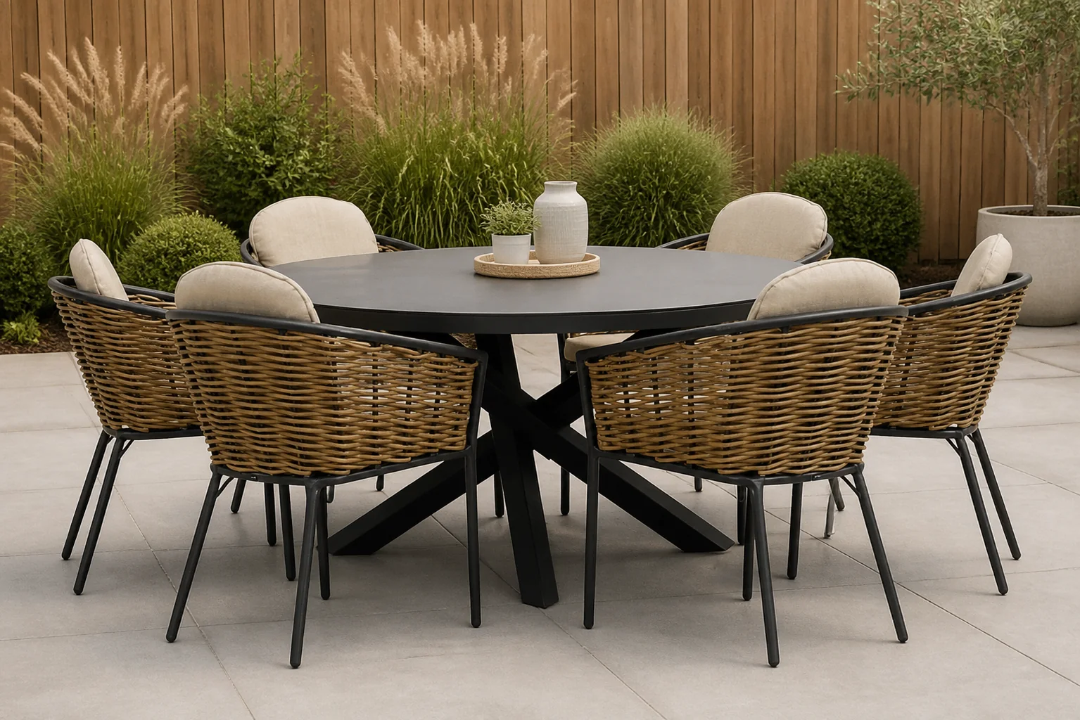 Sfeerfoto van Lifestyle Garden Furniture Nice/Livorno 150 cm dining tuinset 7-delig – Grijs-antraciet