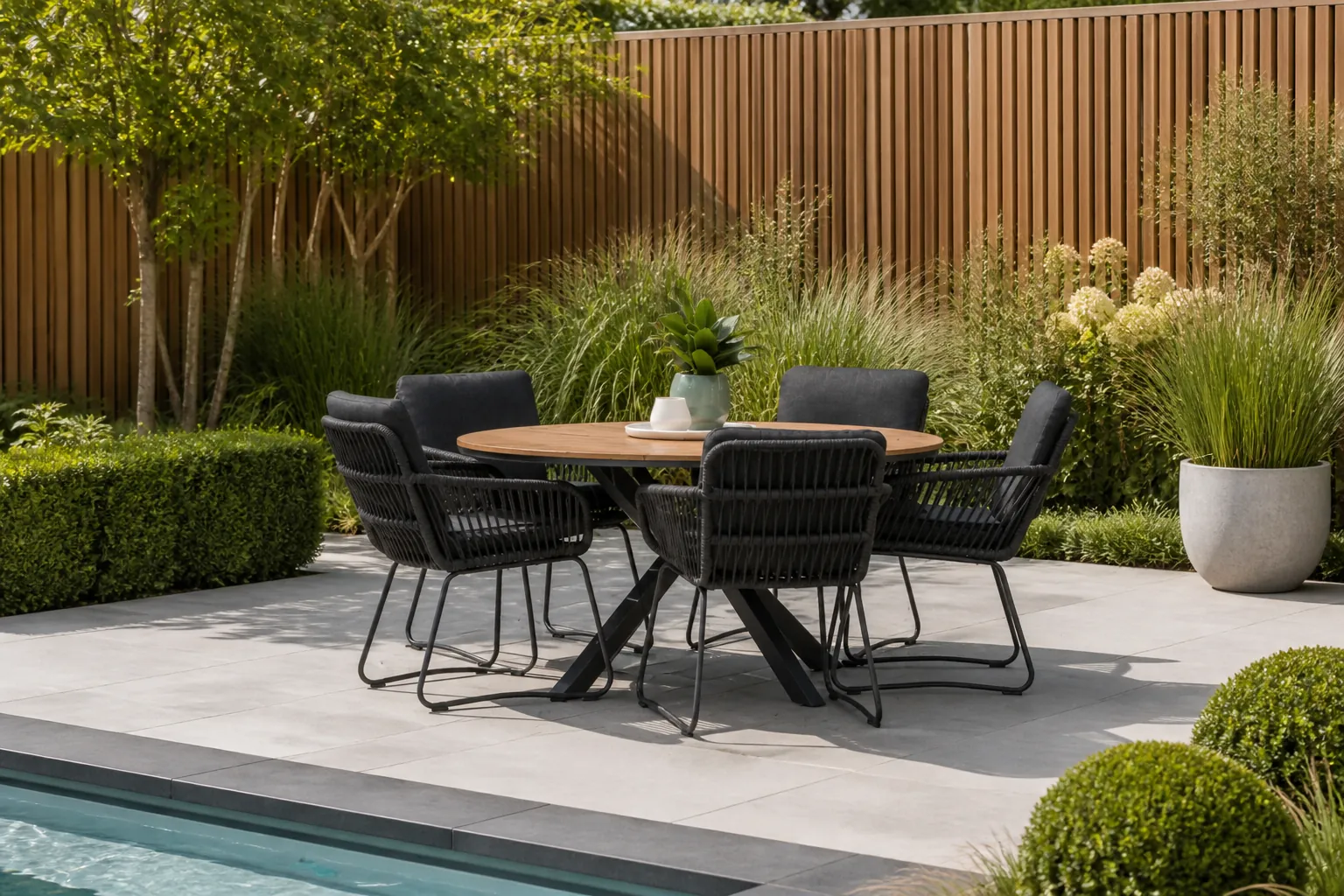 Sfeerfoto van LUX outdoor living Cervo Natural/Harper Lava Grey dining tuinset | 5 personen | polywood + touw | 144cm