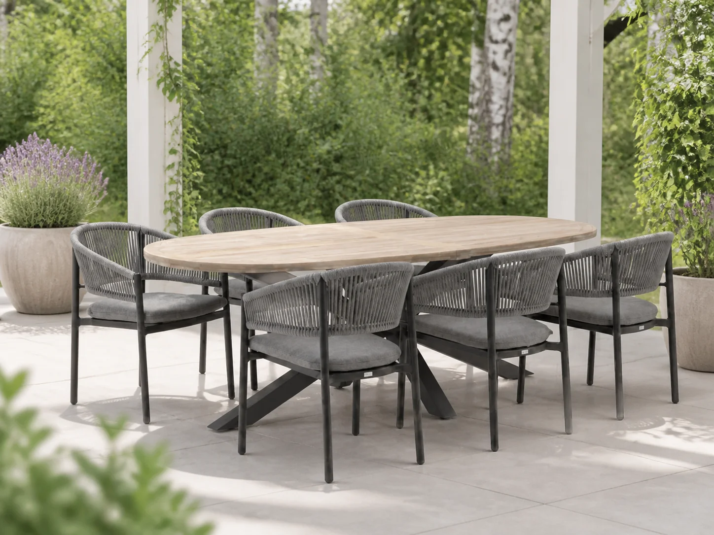 Sfeerfoto van Bellagio tuinmeubelen Panaro/ROUGH-Y Ellips 240cm dining tuinset 7-delig stapelbaar – Grijs