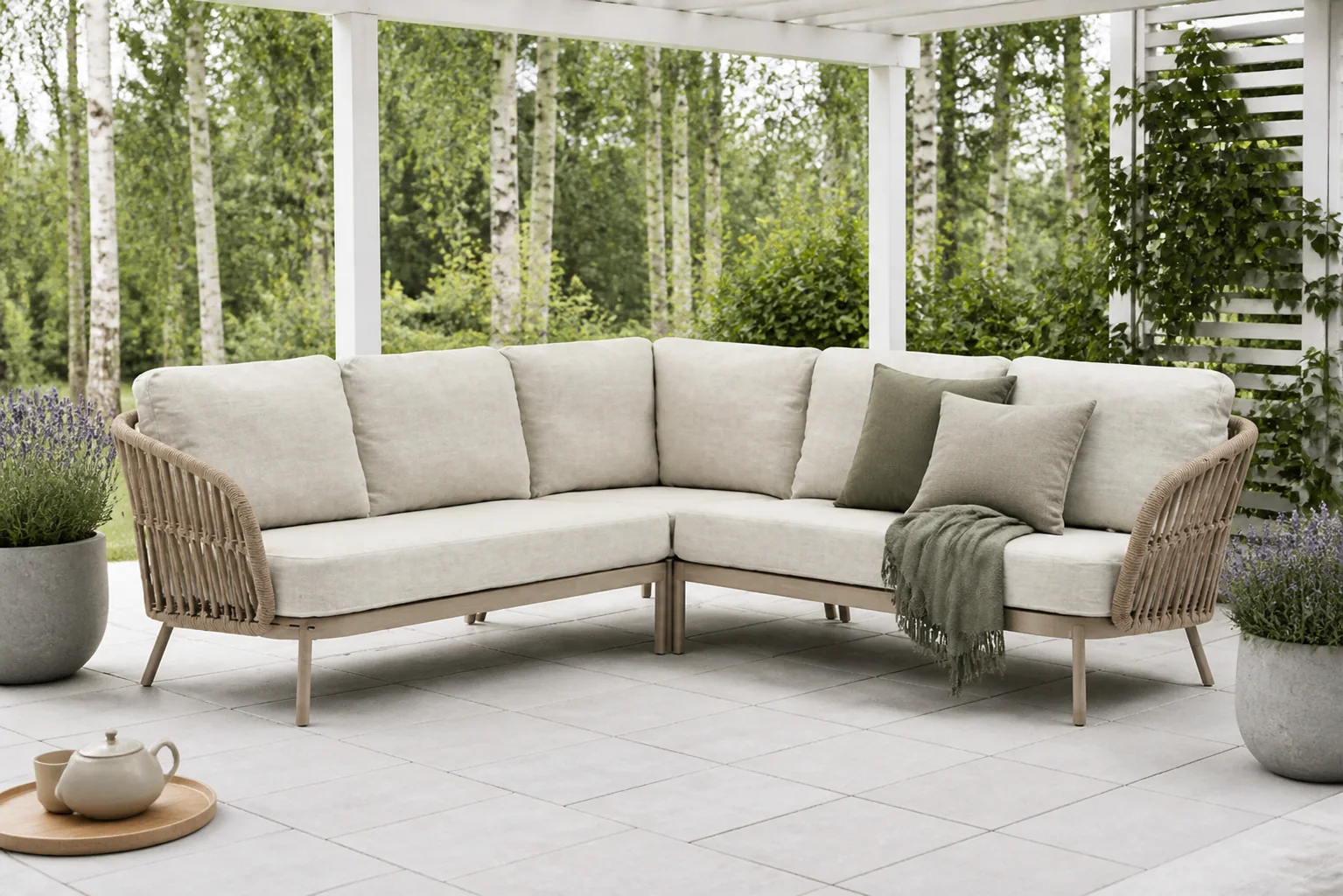 Sfeerfoto van Coco Elara hoek loungeset 3-delig – Taupe-naturel-bruin