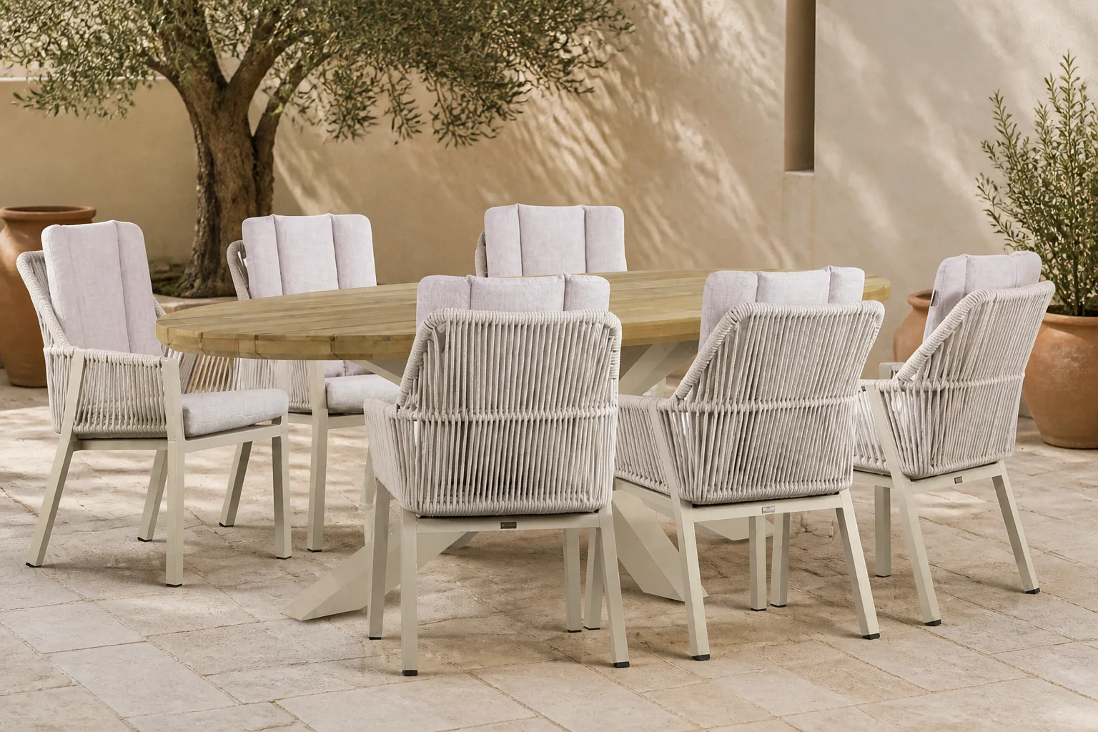 Sfeerfoto van Lifestyle Garden Furniture Verona/Diogo 240 cm dining tuinset 7-delig – Taupe-naturel-bruin