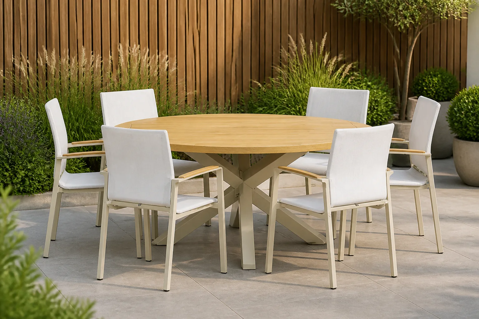 Sfeerfoto van Lifestyle Garden Furniture Brandon/Rockville 160 cm dining tuinset 7-delig – Taupe-naturel-bruin