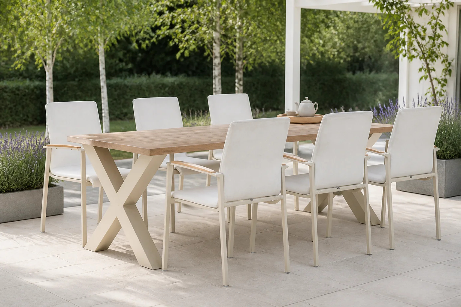 Sfeerfoto van Lifestyle Garden Furniture Brandon/Cardiff 240 cm dining tuinset 7-delig – Taupe-naturel-bruin