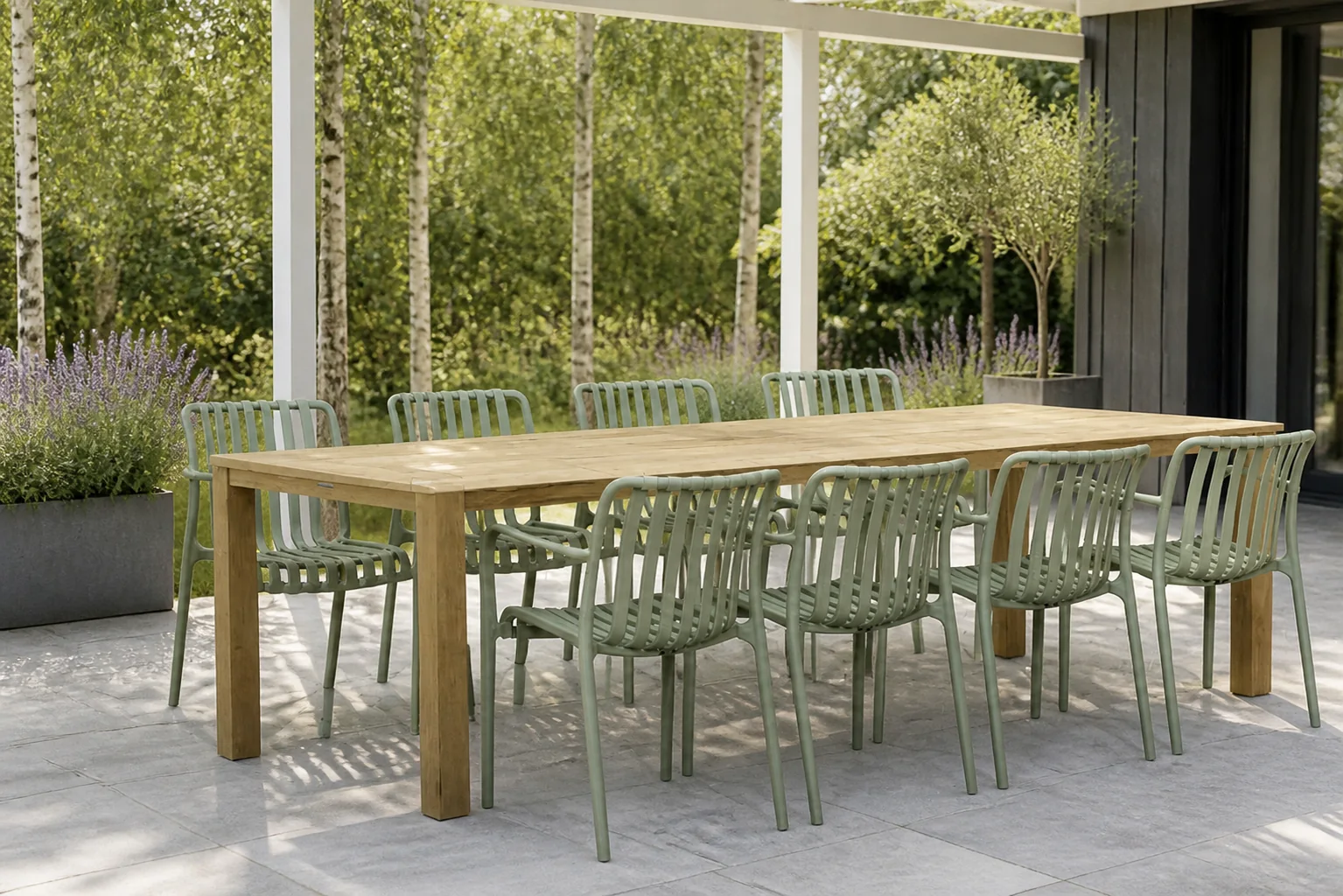 Sfeerfoto van Domani Furniture Alba/Weston 300×90 cm dining tuinset 9-delig – Groen