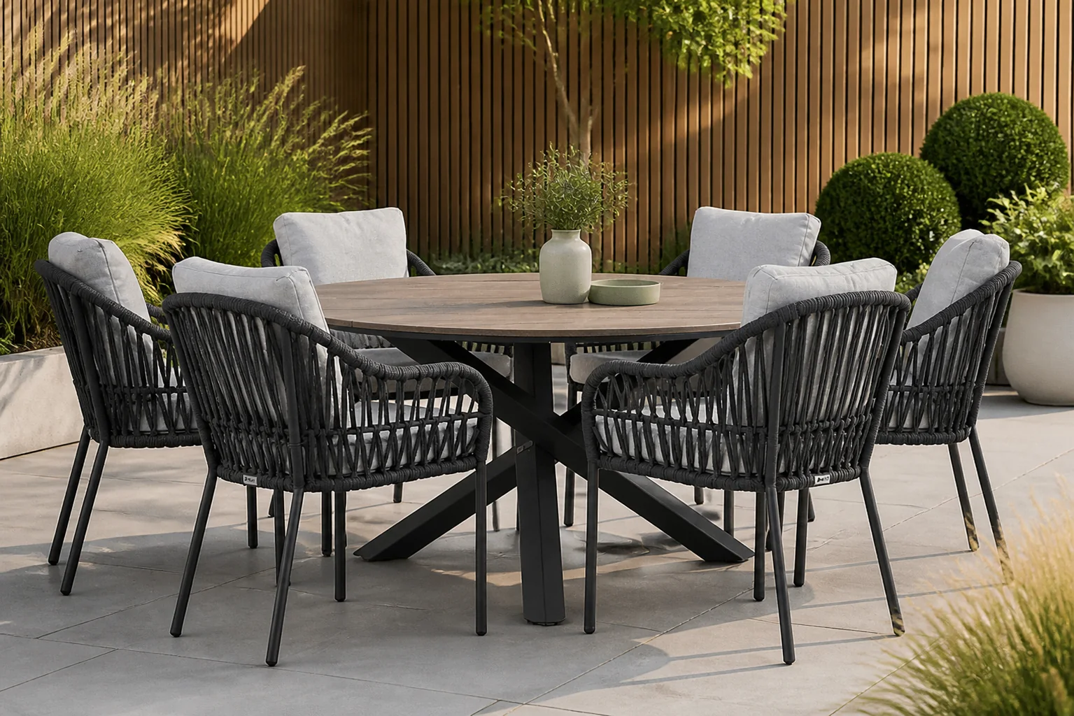 Sfeerfoto van Coco Puerto/Ancona 150 cm dining tuinset 7-delig – Grijs-antraciet