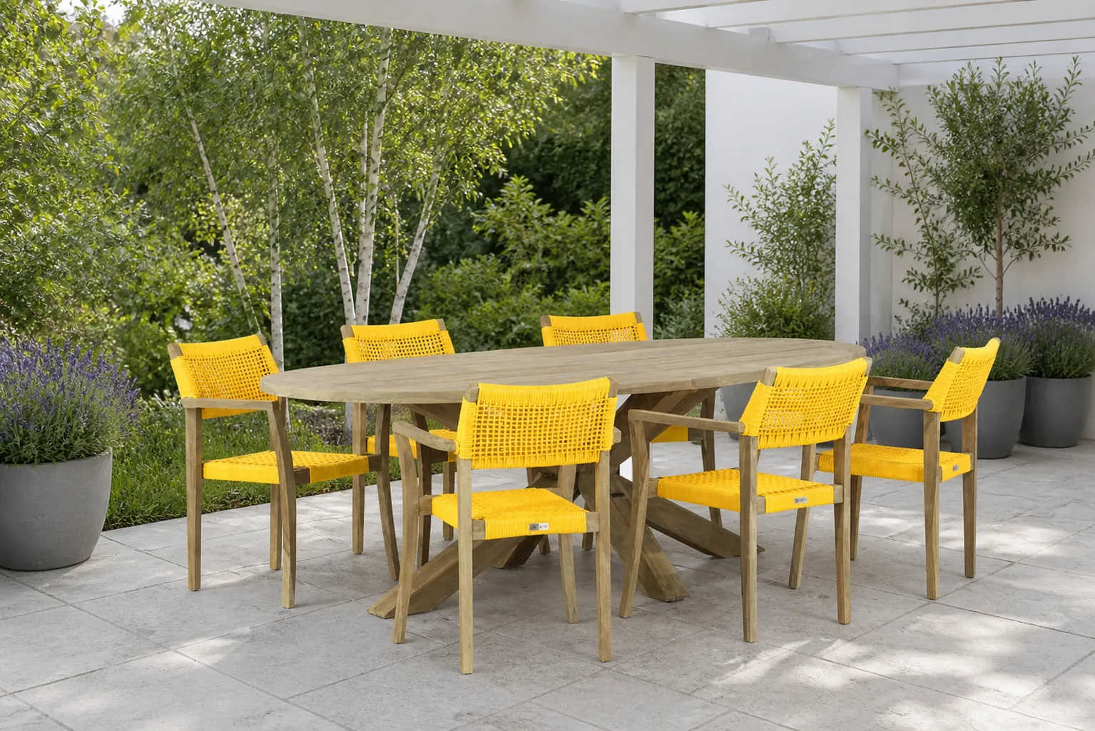 Sfeerfoto van Lifestyle Garden Furniture Dallas/Boston 240 cm ovaal dining tuinset 7-delig – Geel