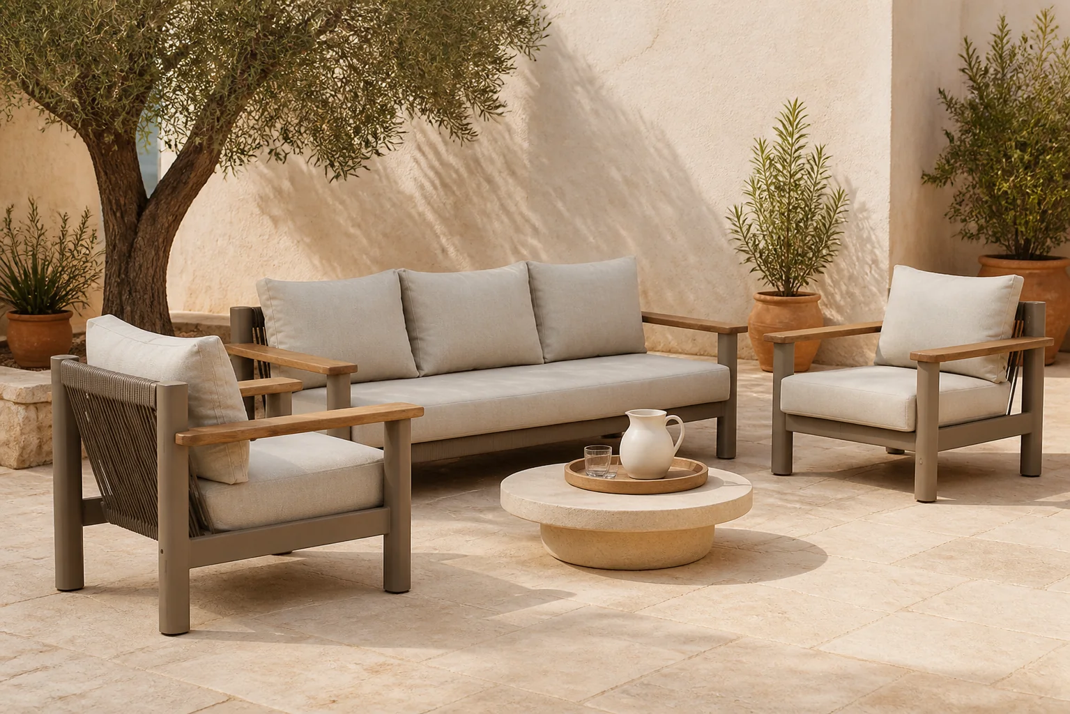 Sfeerfoto van Santika Furniture Yolano stoel-bank loungeset 3-delig – Taupe-naturel-bruin