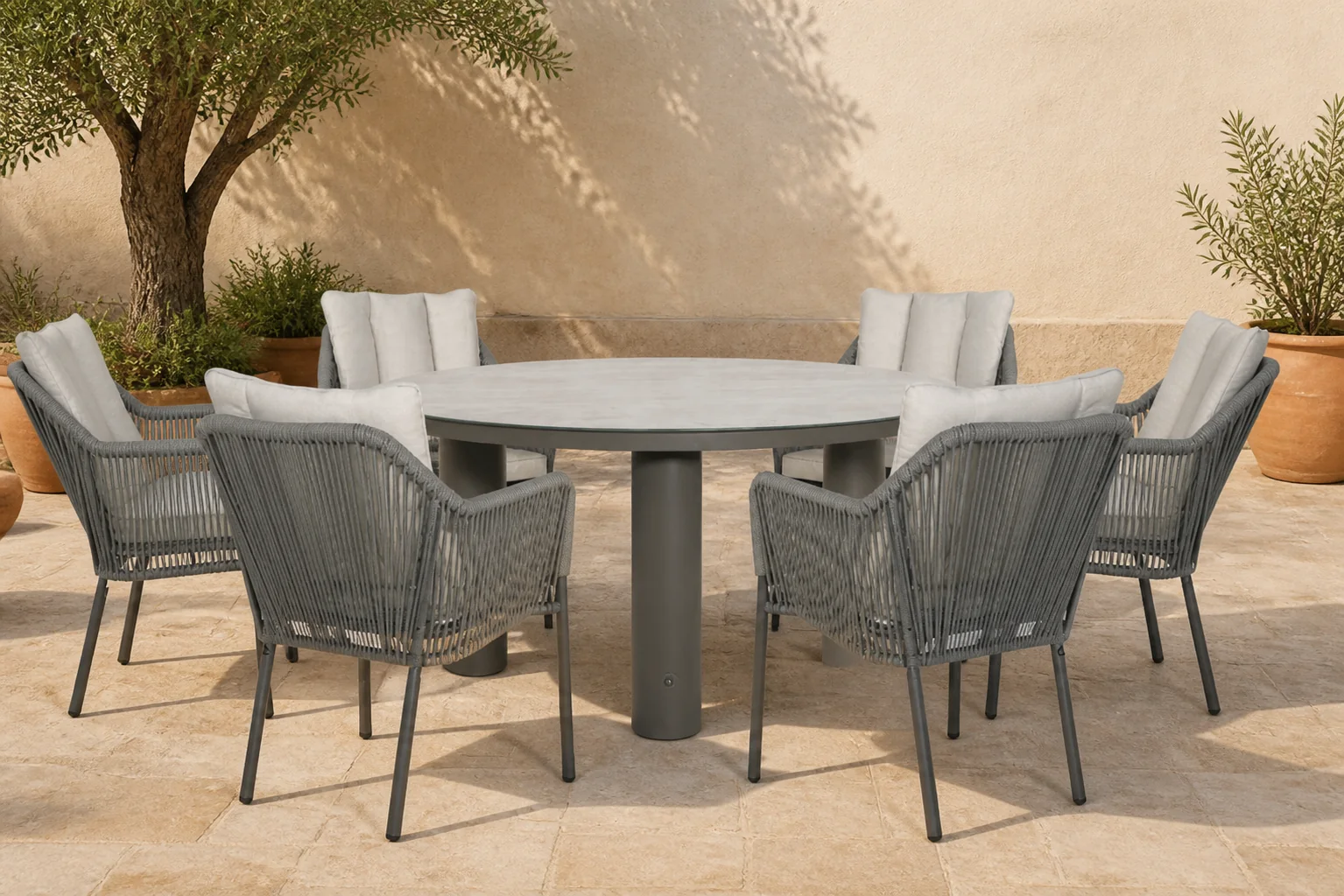 Sfeerfoto van De Laan Projects Laan Marbella/Arancia 150 cm dining tuinset 7-delig – Grijs-antraciet