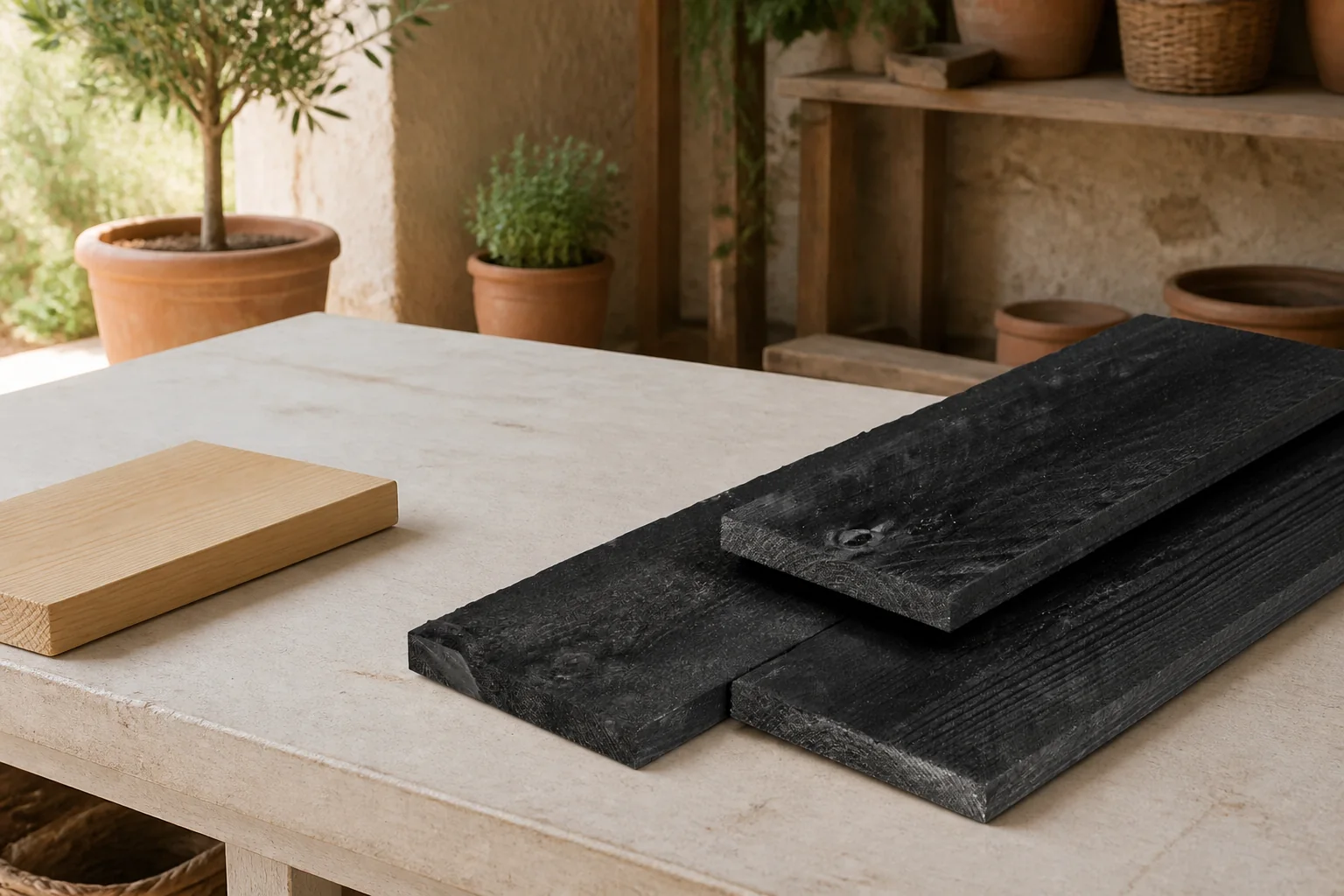 Sfeerfoto van Tuindeco Plank douglas zwart geimpregneerd 1,6×14,0x180 cm