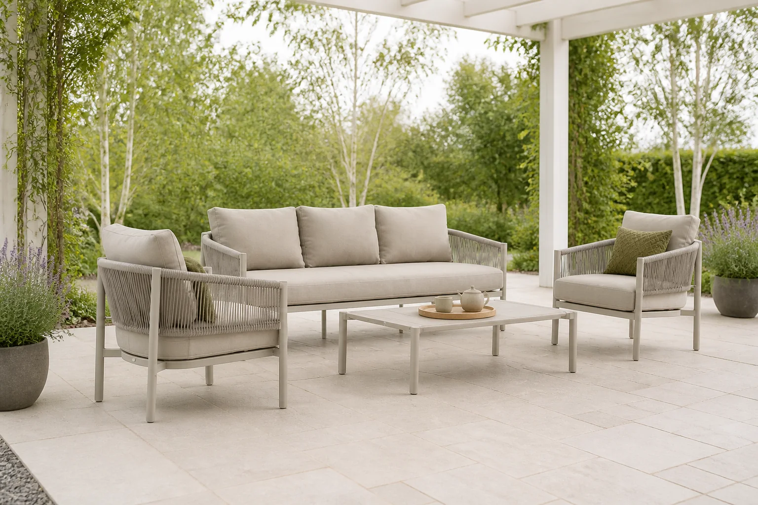 Sfeerfoto van Bellagio tuinmeubelen + 10% kassakorting | Bellagio Panaro stoel-bank loungeset 4-delig – Taupe