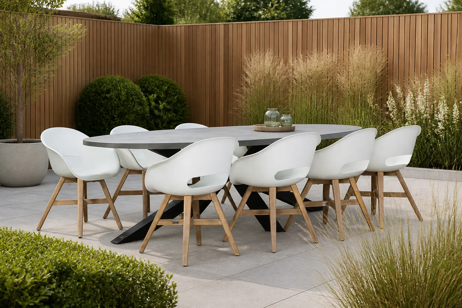 Sfeerfoto van BUITEN living Stockholm/Karlstad wit dining tuinset | 8 personen | betonlook + kunststof | 280cm ovaal