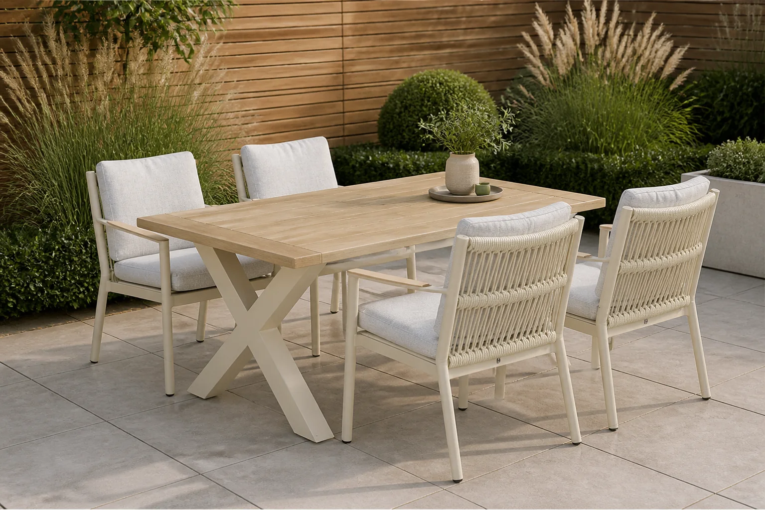 Sfeerfoto van Coco Sevilla/Cardiff 180 cm dining tuinset 5-delig – Taupe-naturel-bruin