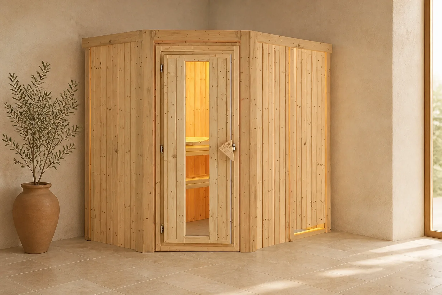 Sfeerfoto van Karibu | Saja Sauna | Antracietglas | Kachel 3,6 kW Geïntegreerde Bediening