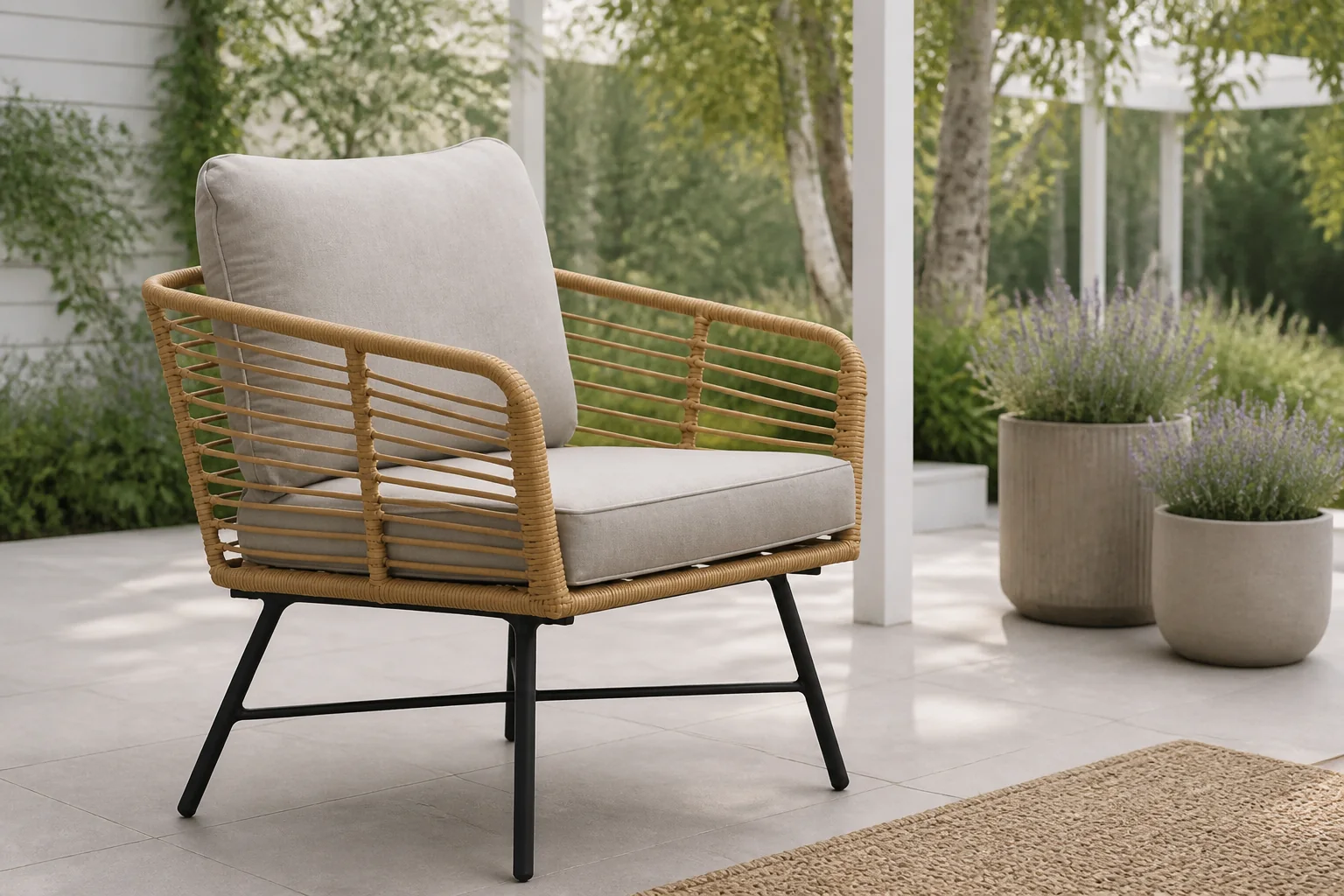 Sfeerfoto van BUITEN living Flow loungestoel tuin | wicker + aluminium | Bamboo taupe