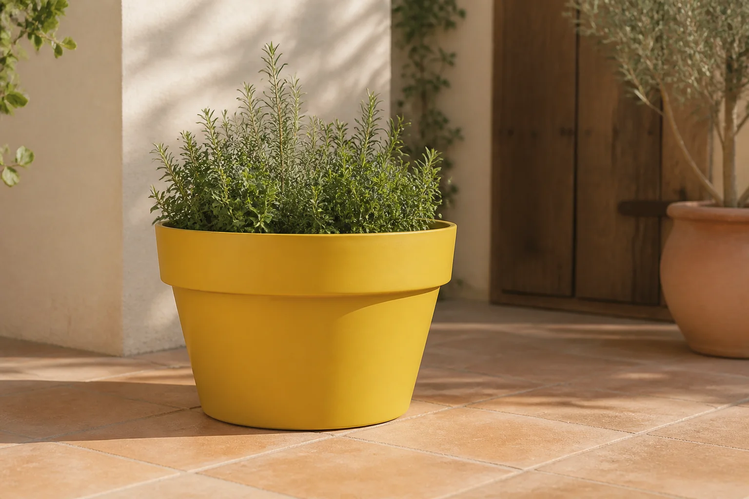 Sfeerfoto van Elho Loft bowl 35 ochre bloempot – geel