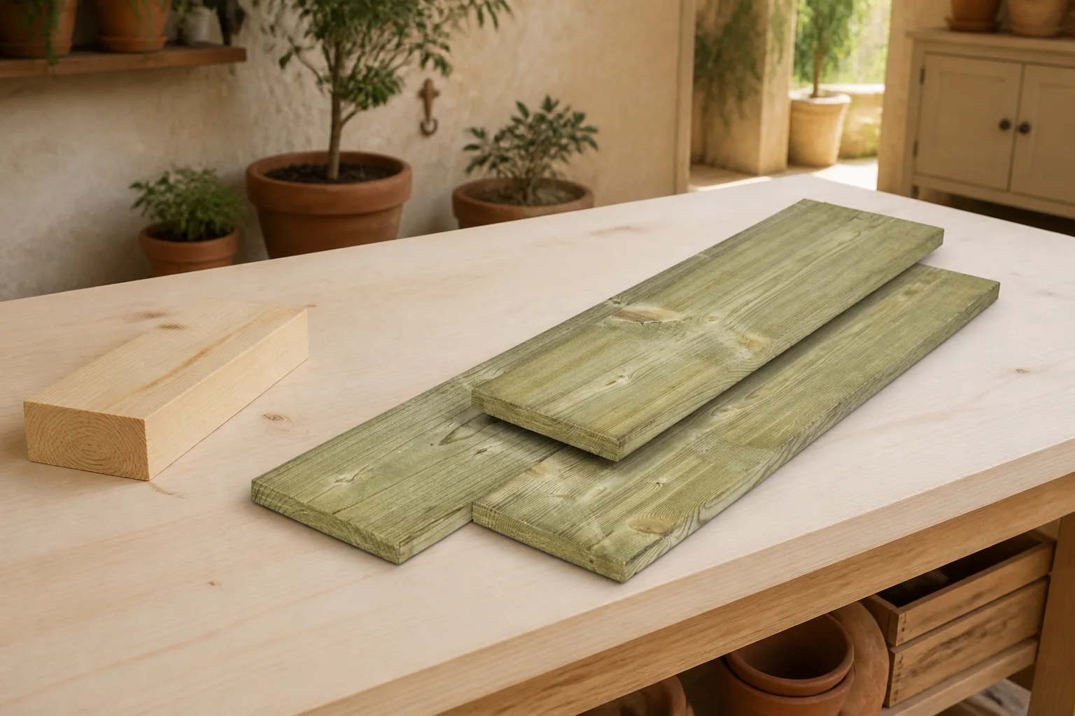 Sfeerfoto van Tuindeco Midden-Europees grenen tuinplank gedroogd, groen geimpregneerd, geschaafd 4rh 1,5 x 14,0 x 180 cm