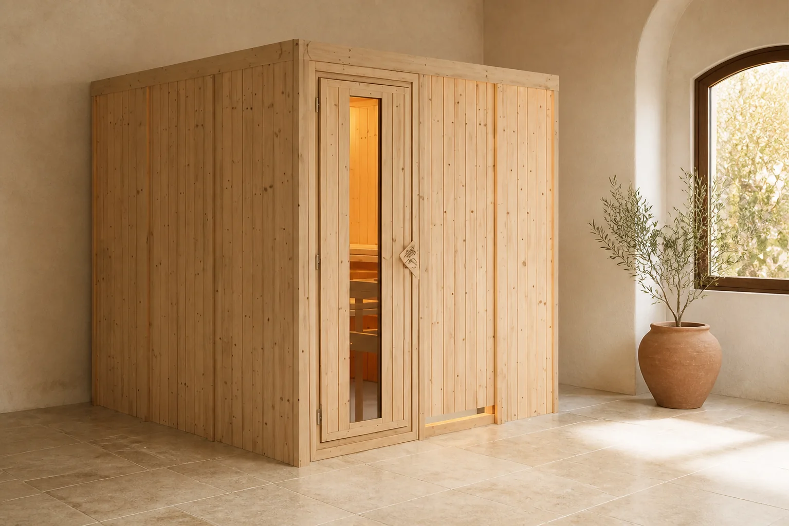 Sfeerfoto van Karibu | Rodin Sauna met Dakkraag | Energiesparende Deur