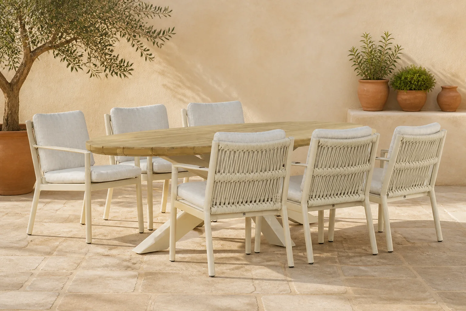 Sfeerfoto van Coco Sevilla/Diogo 240 cm dining tuinset 7-delig – Taupe-naturel-bruin