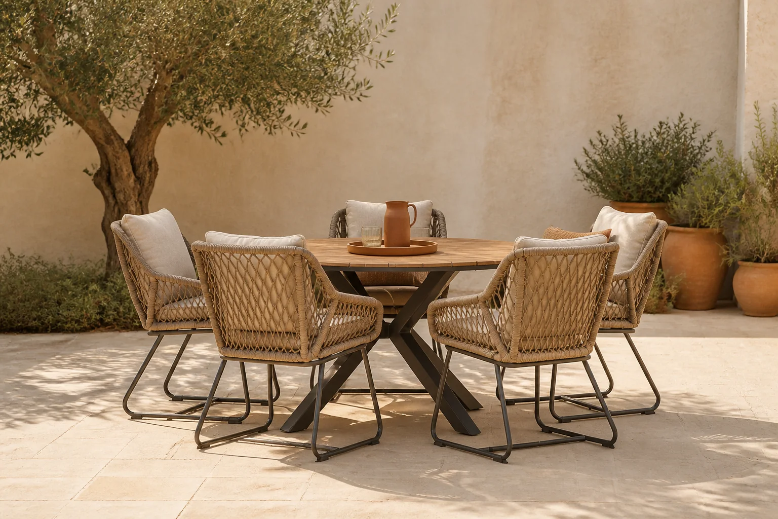 Sfeerfoto van LUX outdoor living Cervo Natural/Portofino Sahara Dust dining tuinset | 5 personen | polywood + touw | 144cm – Zand