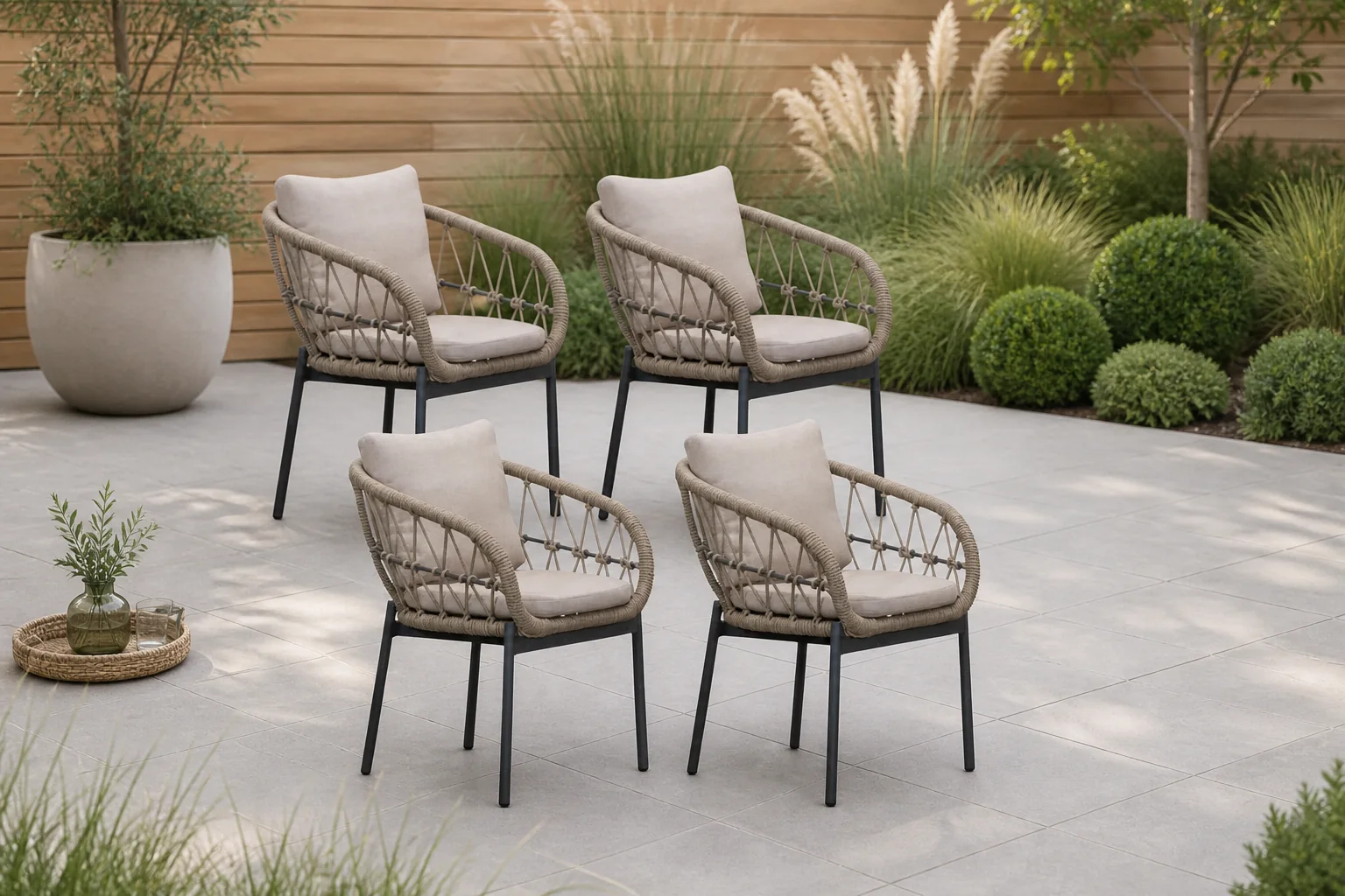 Sfeerfoto van LUX outdoor living Dakota dining tuinstoel set van 4 | touw + aluminium | beige/antraciet