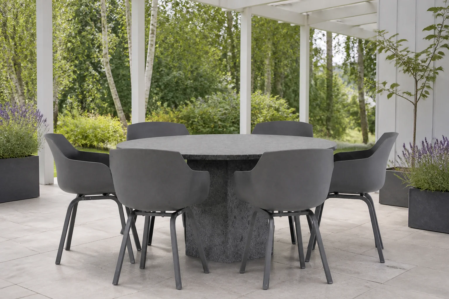 Sfeerfoto van Lifestyle Garden Furniture Salina/Graniet rond 140 cm dining tuinset 7-delig – Grijs-antraciet