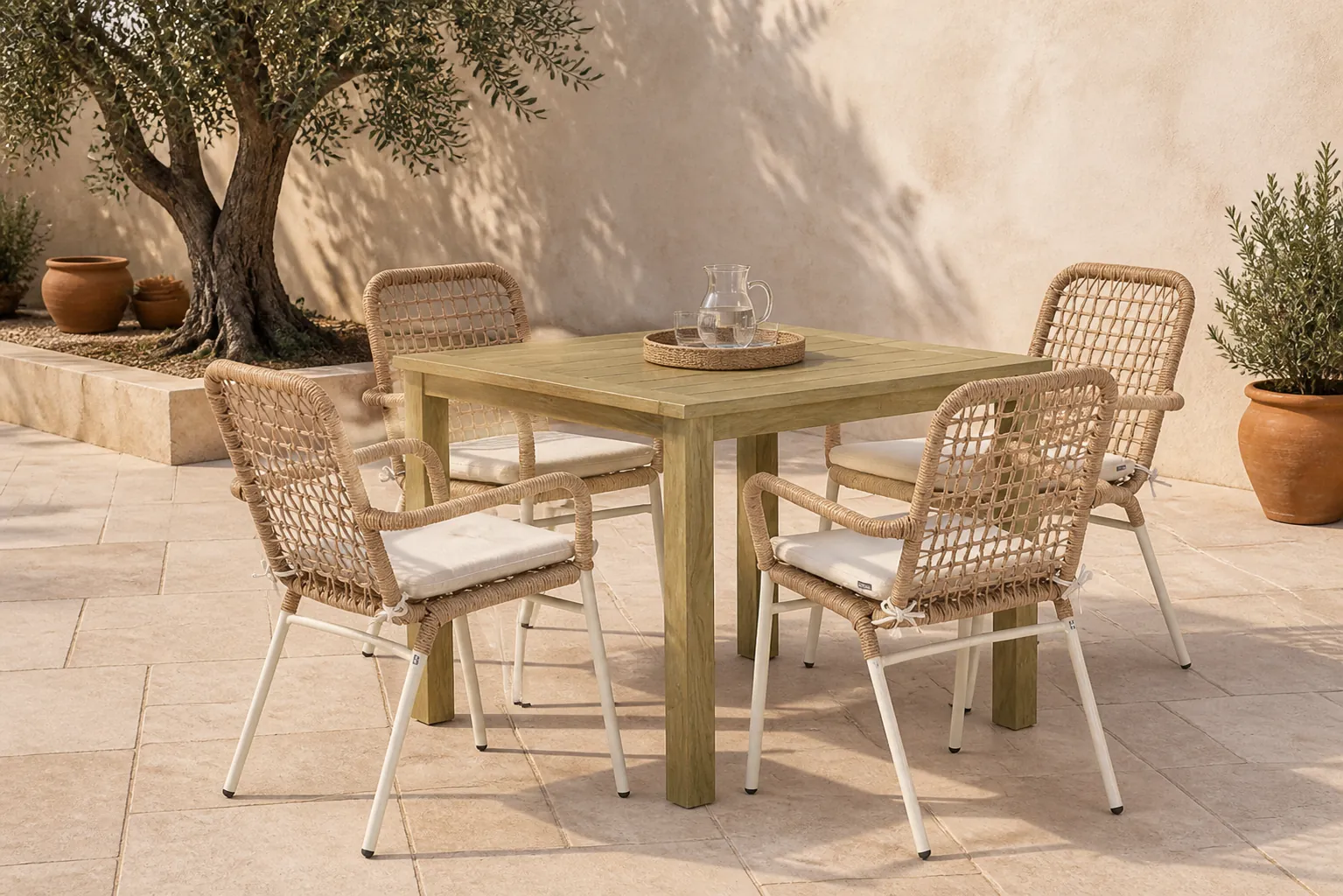 Sfeerfoto van De Laan Projects Laan Catalone/Weston 90 cm dining tuinset 5-delig – Taupe-naturel-bruin