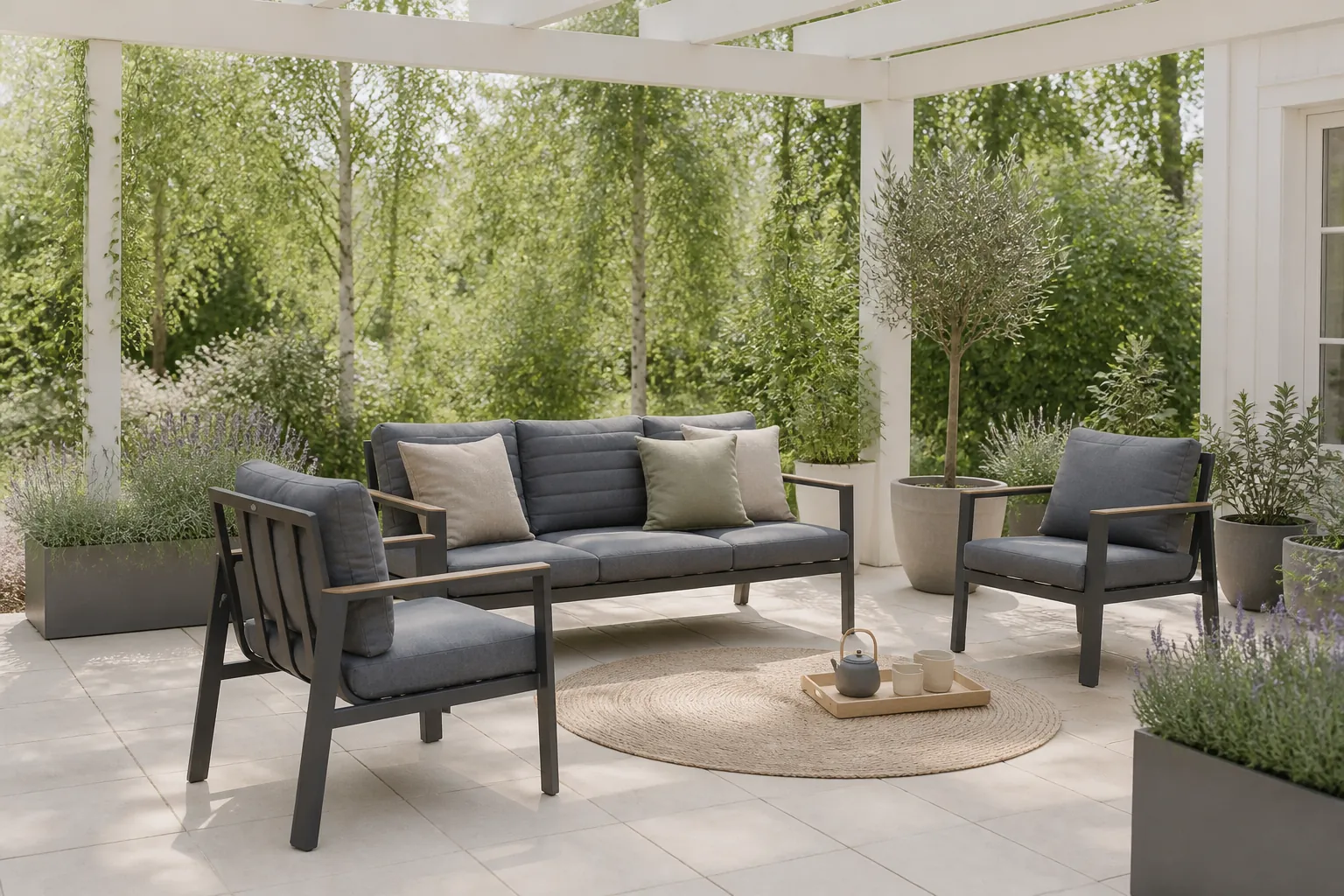 Sfeerfoto van LUX outdoor living Tokyo stoel-bank loungeset 5 personen | aluminium + polywood | antraciet | 3-delig