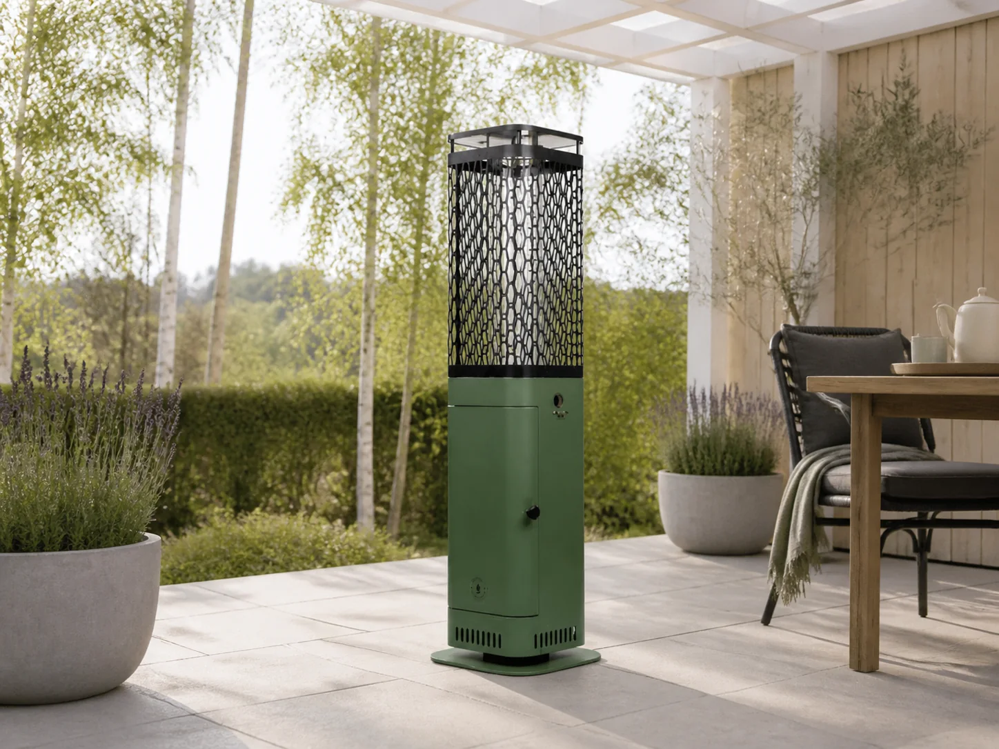 Sfeerfoto van Monti HeatLine + 15% kassakorting | Blaze pellet terrasverwarmer 26x26x95cm – Groen