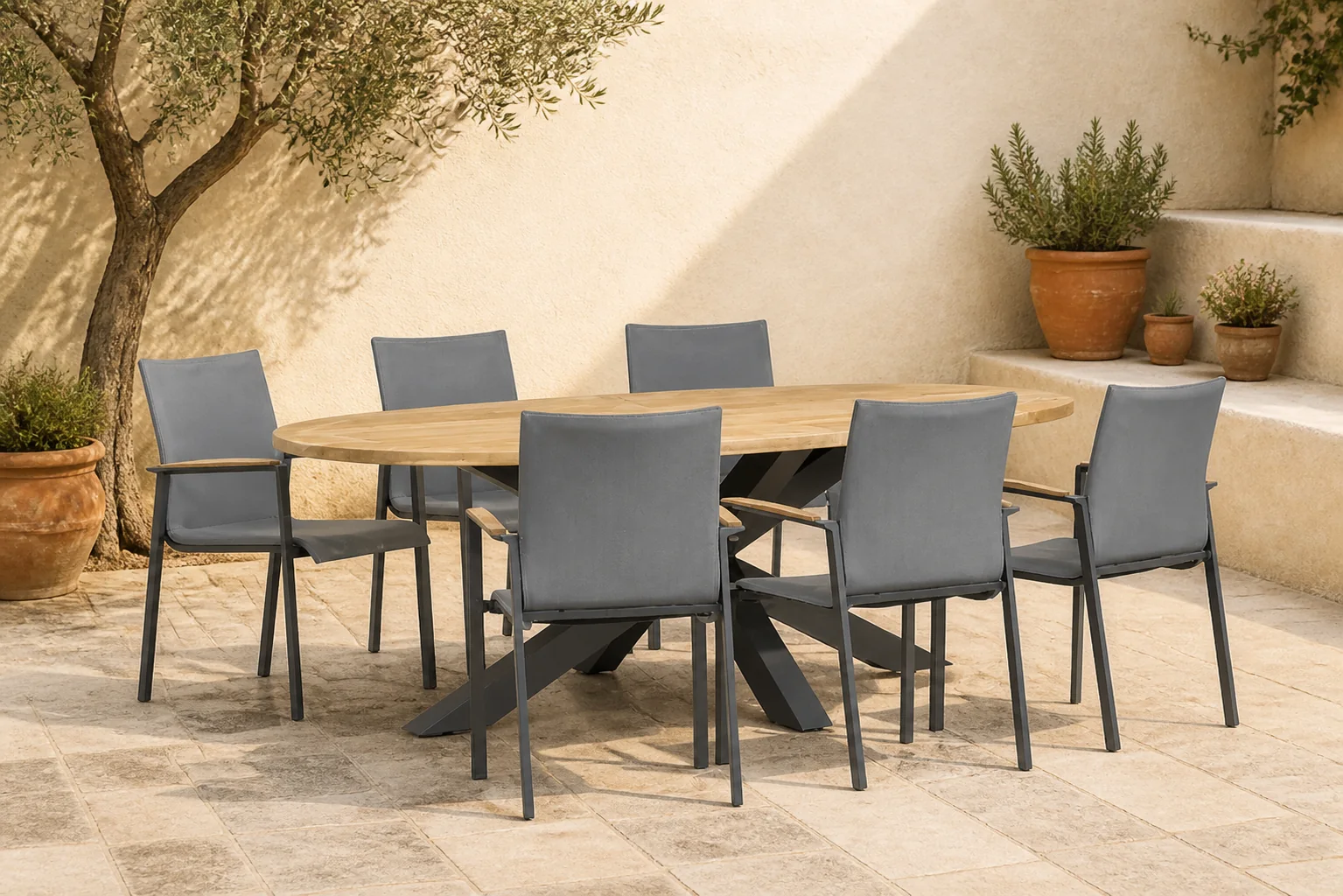 Sfeerfoto van Lifestyle Garden Furniture Brandon/Brookline 240 cm dining tuinset 7-delig – Grijs-antraciet