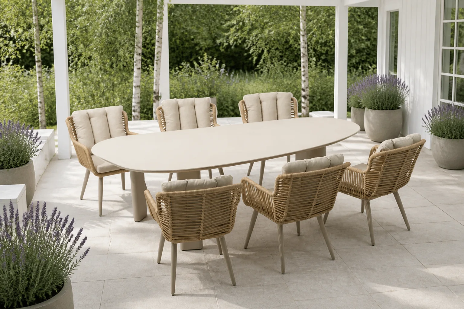 Sfeerfoto van Coco Custa/Weave 240 cm dining tuinset 7-delig – Taupe-naturel-bruin