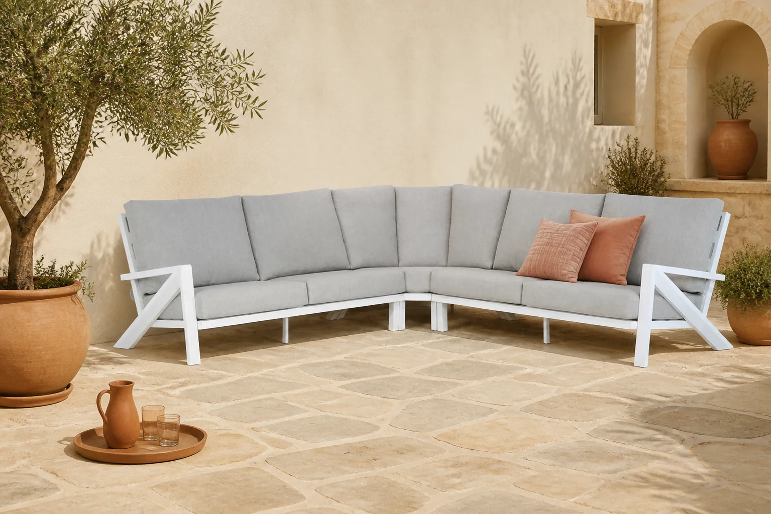 Sfeerfoto van Santika Furniture Cinta hoek loungeset 3-delig – Wit