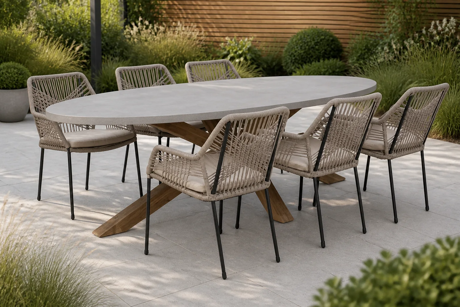 Sfeerfoto van BUITEN living Livorno/Seville zand dining tuinset | 6 personen | betonlook + touw | 240cm – Taupe – Naturel – Bruin, Betonlook