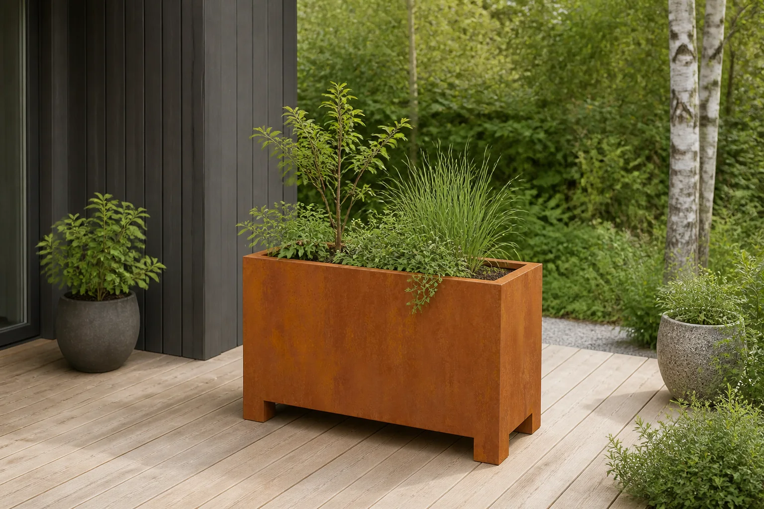 Sfeerfoto van Geroba Artesa plantenbak cortenstaal met 10 cm poten L120 x B50 x H70 cm – bruin