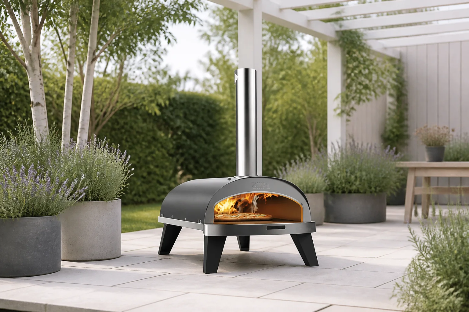Sfeerfoto van ZiiPa Pizza Oven Piana Houtgestookt met Thermometer Antraciet voor ø 30 cm pizza’s Roterende pizzasteen – Zwart