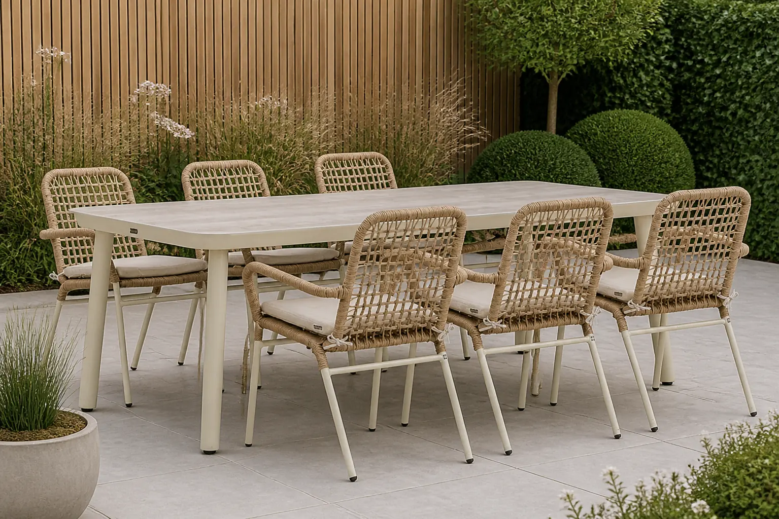 Sfeerfoto van De Laan Projects Lifestyle Catalone/Tavano 220 cm dining tuinset 7-delig – Taupe-naturel-bruin