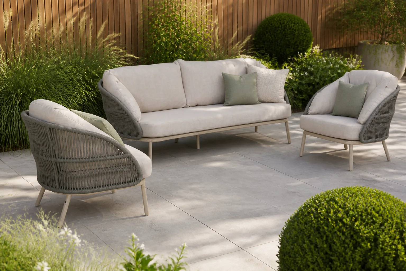 Sfeerfoto van Santika Furniture Pebble stoel-bank loungeset 3 delig – Zand/Beige