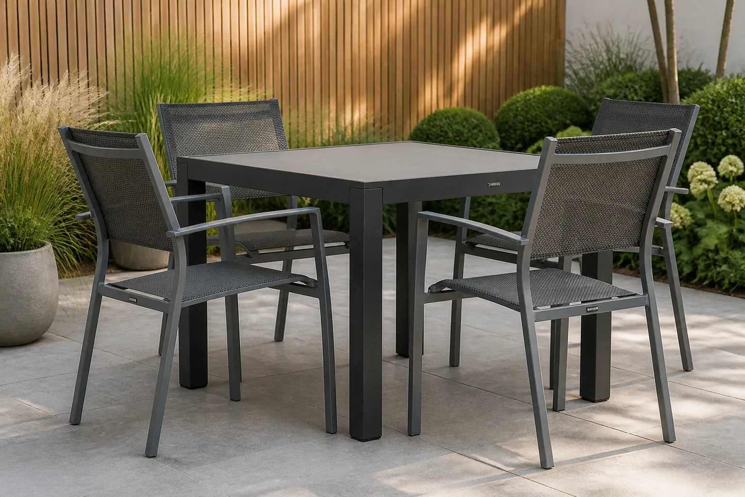 Sfeerfoto van Lifestyle Garden Furniture Sella/Residence 95 cm dining tuinset 5-delig – Grijs-antraciet