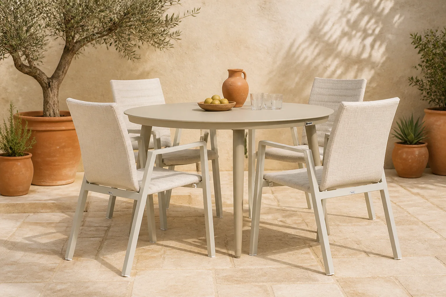 Sfeerfoto van Osmen Joliet/Vienna 120 cm dining tuinset 5-delig – Taupe-naturel-bruin