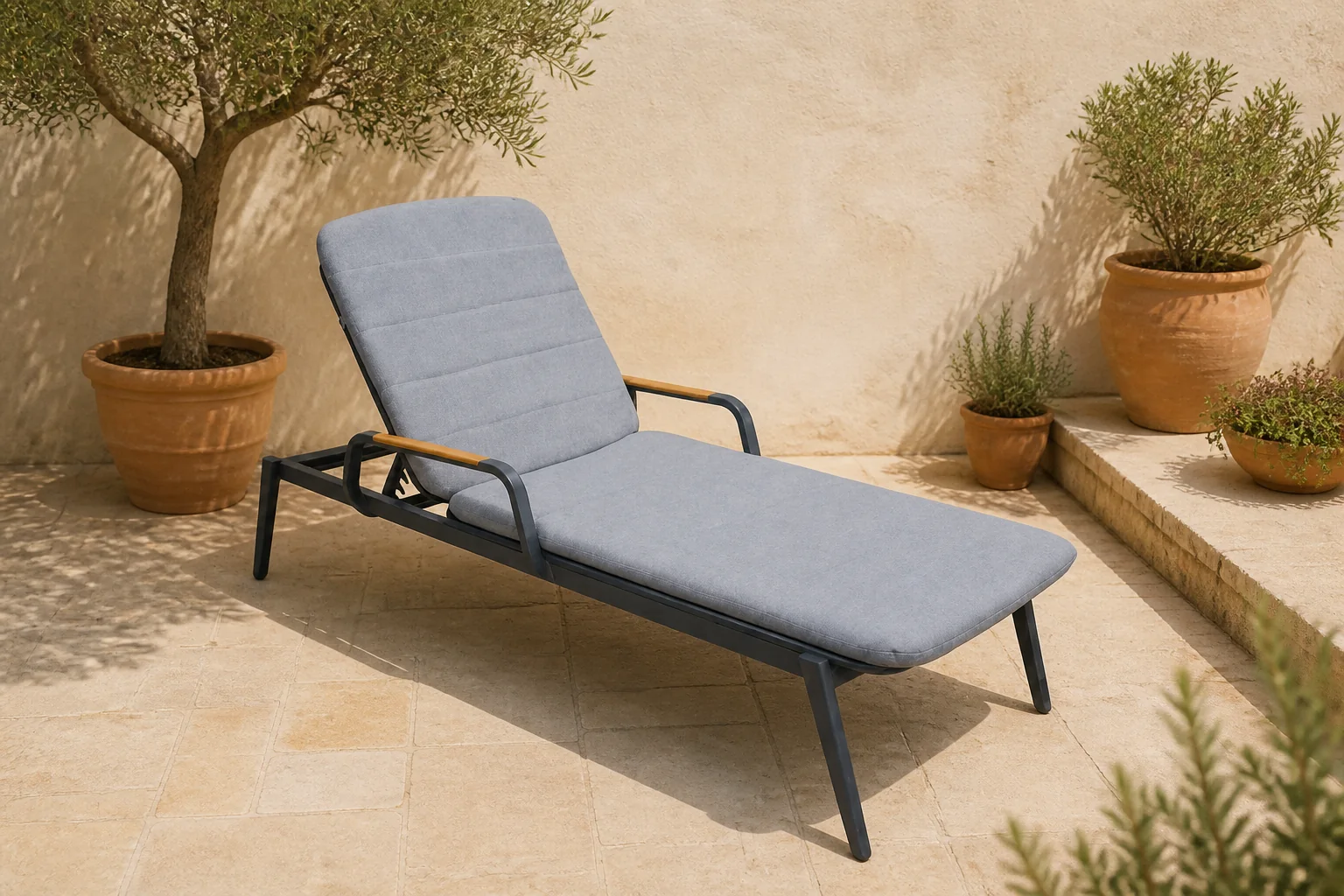 Sfeerfoto van LUX outdoor living Malta ligbed antraciet | aluminium + teak | antraciet | 186cm