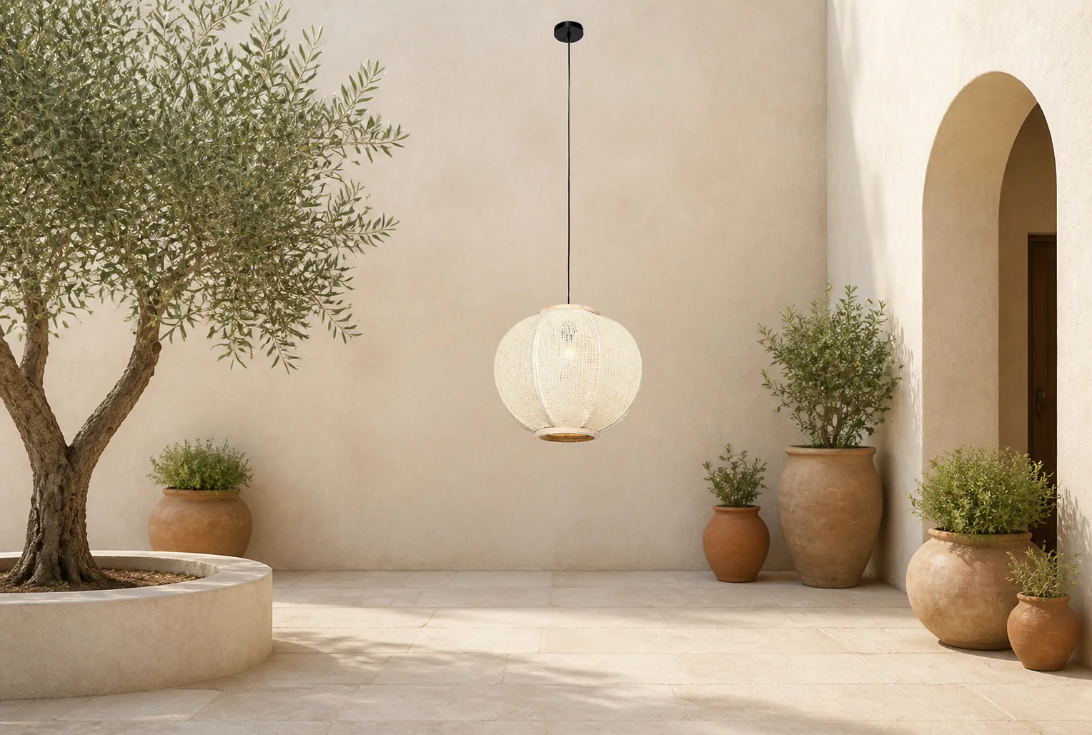 Sfeerfoto van Oosterse hanglamp naturel stof 48 cm Rob – Taupe-naturel-bruin