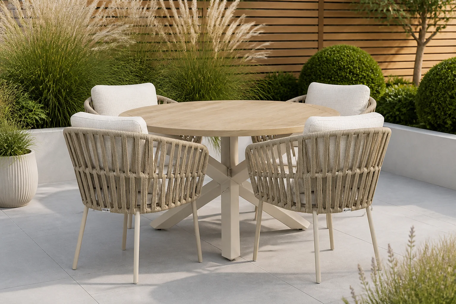 Sfeerfoto van Coco Elara/Rockville 120 cm dining tuinset 5-delig – Zand/Beige