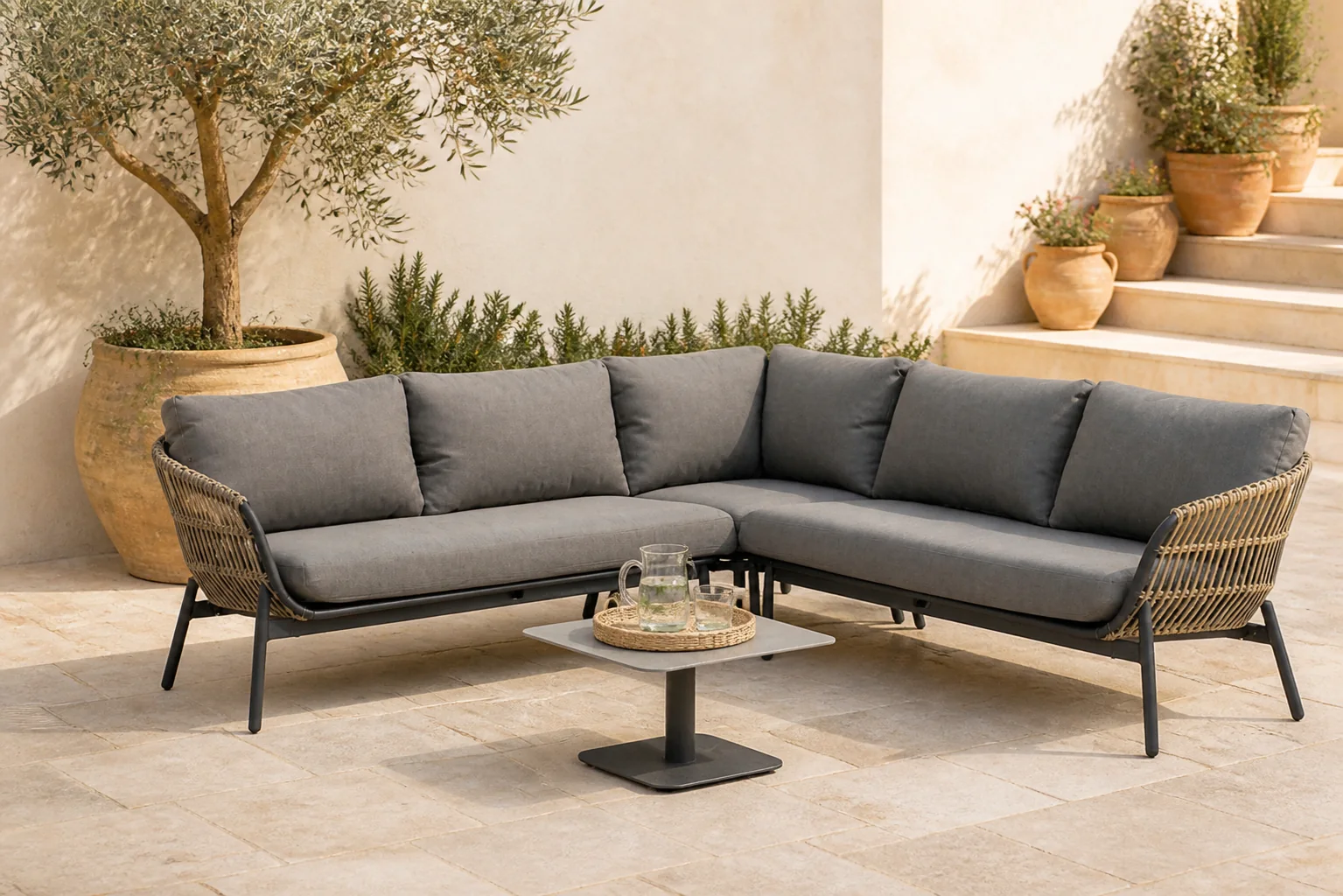 Sfeerfoto van Coco Nathan/Ralph 60 cm hoek loungeset 4-delig – Taupe-naturel-bruin