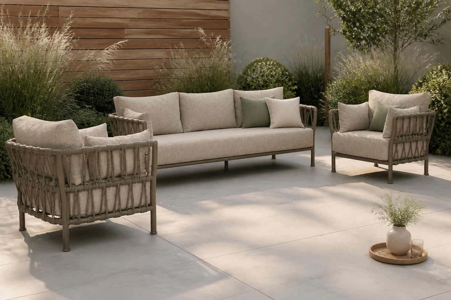 Sfeerfoto van Santika Furniture Miyora stoel-bank loungeset 3-delig – Taupe-naturel-bruin