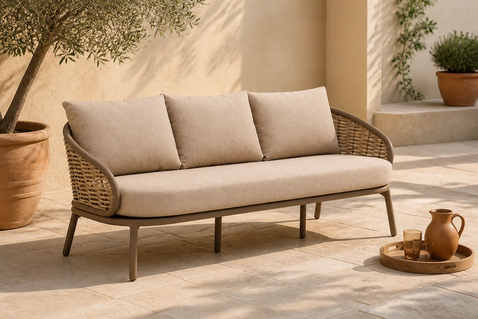 Sfeerfoto van Apple Bee Pine Key lounge tuinbank 3-zits – Taupe-naturel-bruin