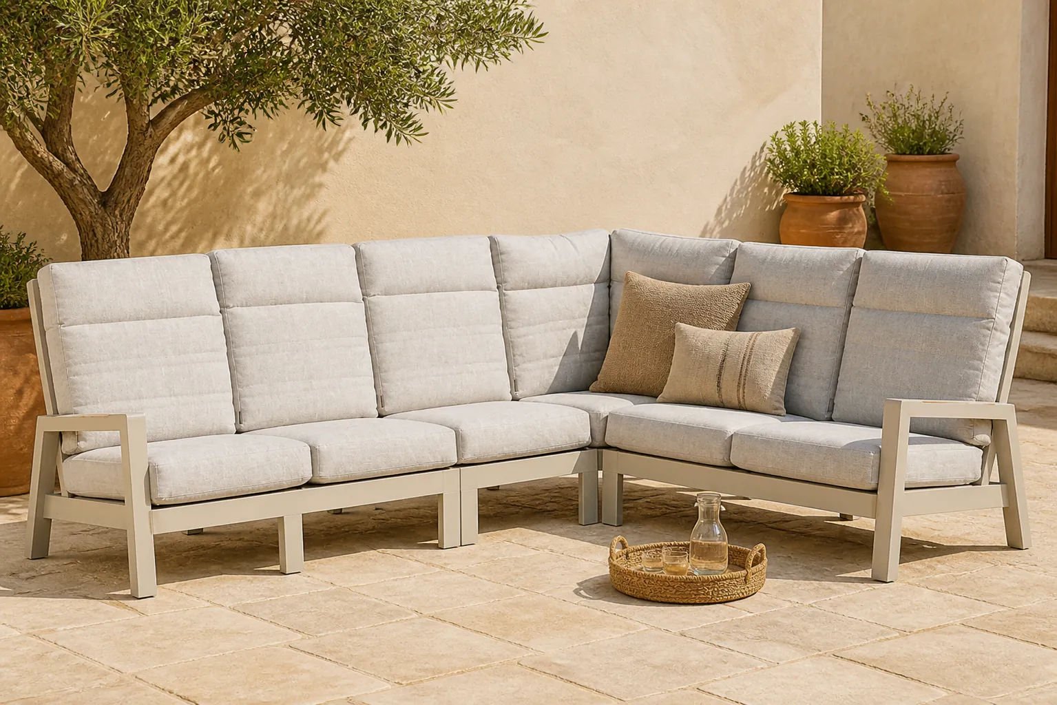 Sfeerfoto van Lifestyle Garden Furniture Evora hoek loungeset 4-delig – Taupe-naturel-bruin