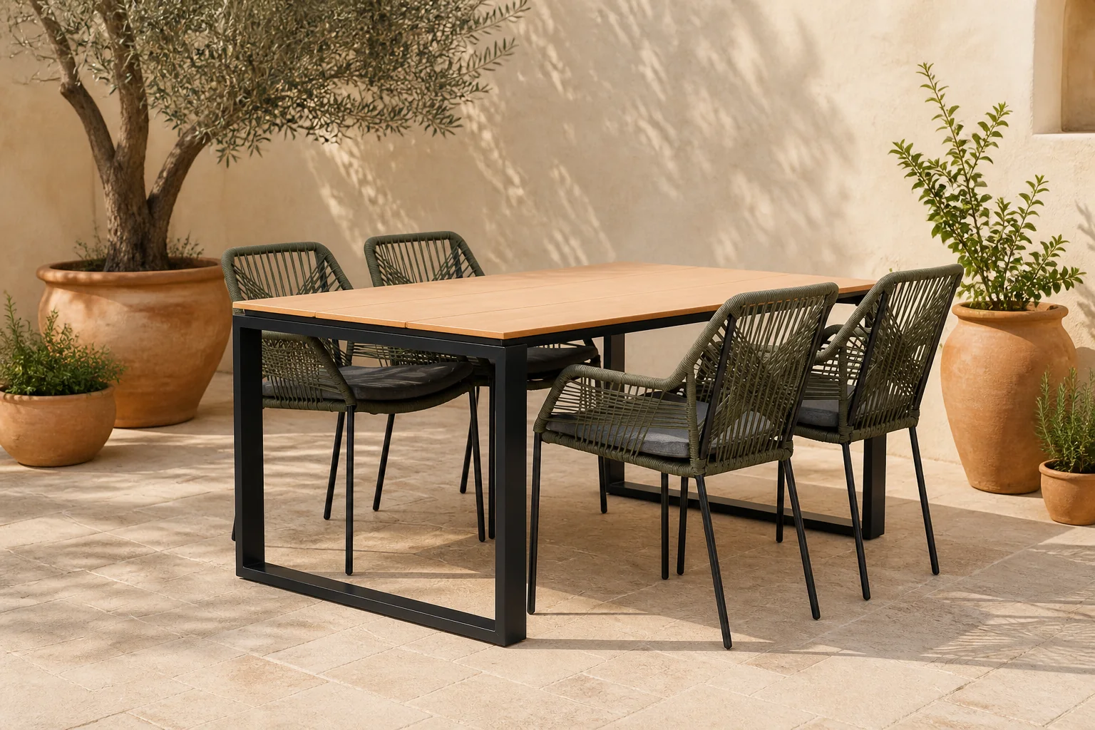 Sfeerfoto van LUX outdoor living Helsinki Natural/Seville olijfgroen dining tuinset | 4 personen | polywood + touw | 160cm – Light Teak, Olijfgroen, Zwart
