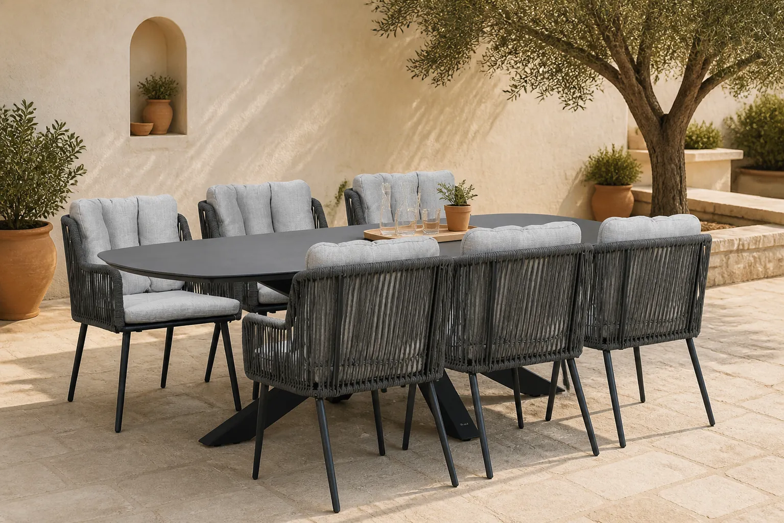 Sfeerfoto van Lifestyle Garden Furniture Tivoli/Voyage 240×120 cm dining tuinset 7-delig – Grijs-antraciet