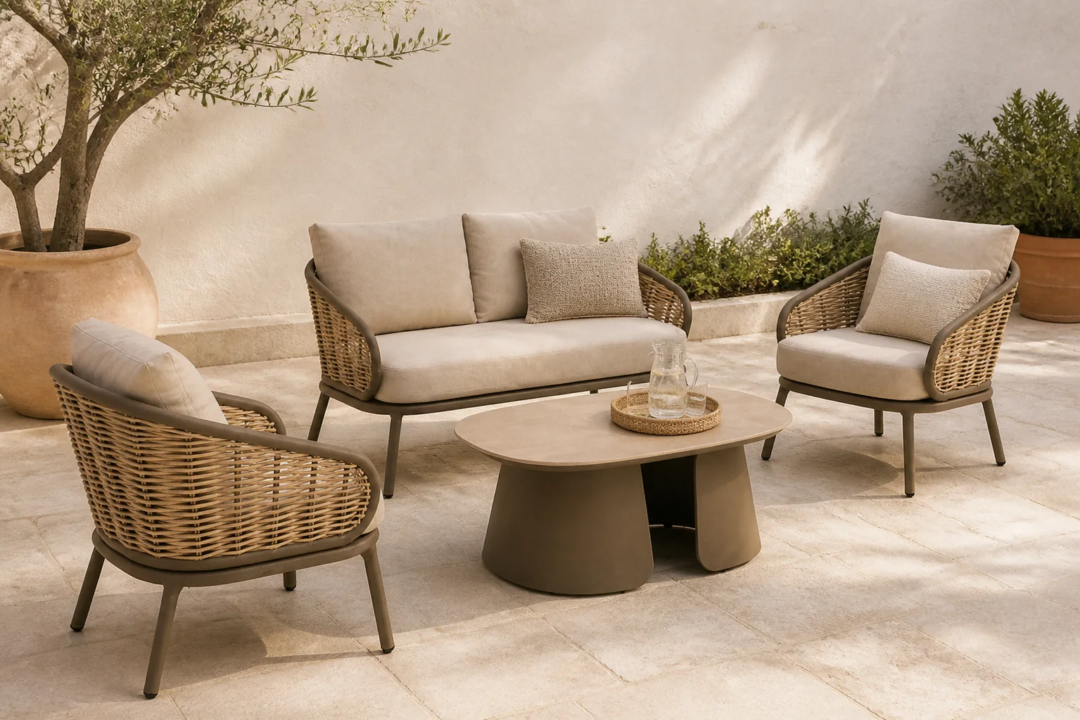 Sfeerfoto van Apple Bee Pine Key/Miyoura stoel-bank loungeset 4-delig – Taupe-naturel-bruin