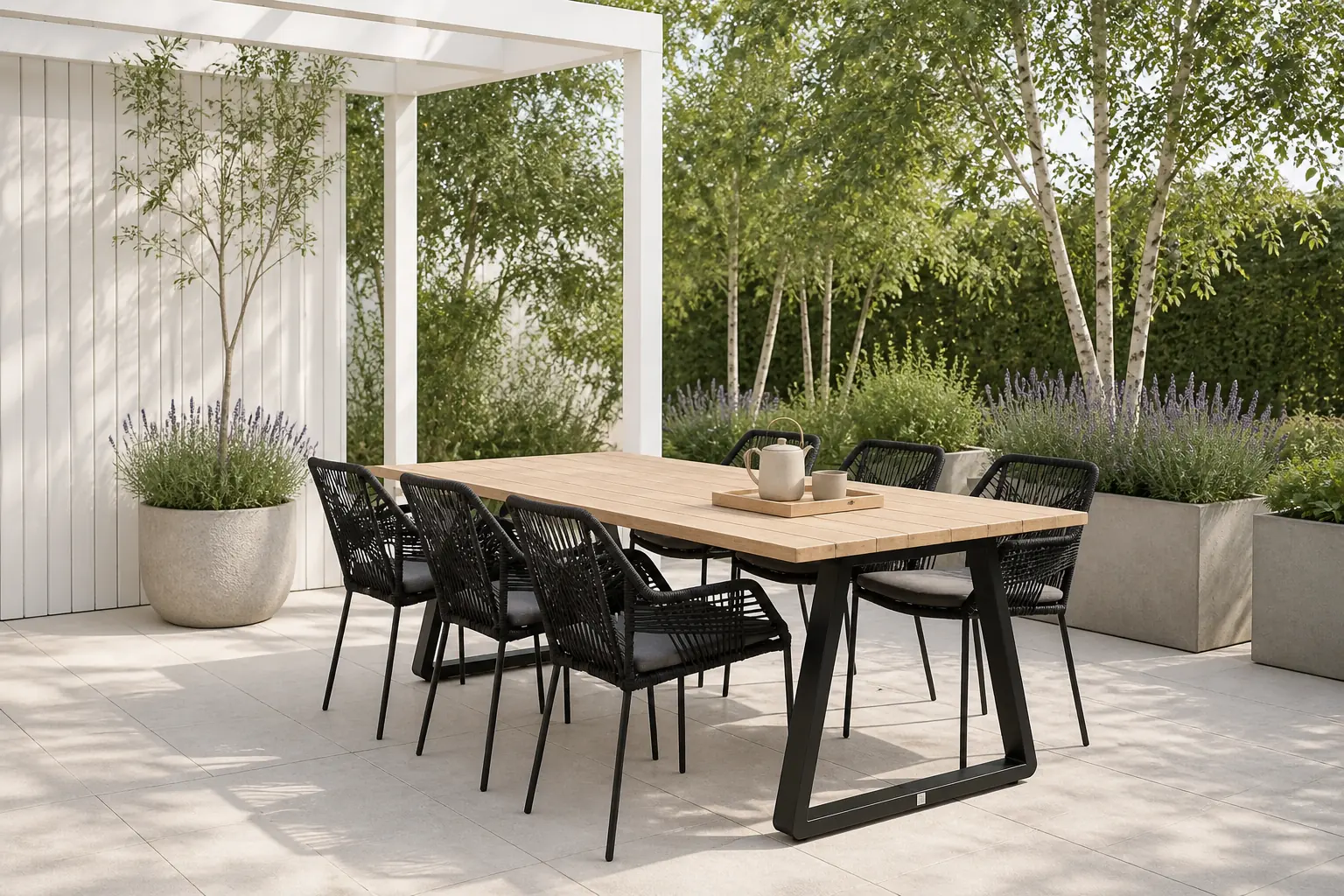 Sfeerfoto van LUX outdoor living Elena/Seville zwart dining tuinset | 6 personen | teakhout + touw | 240cm – Grijs