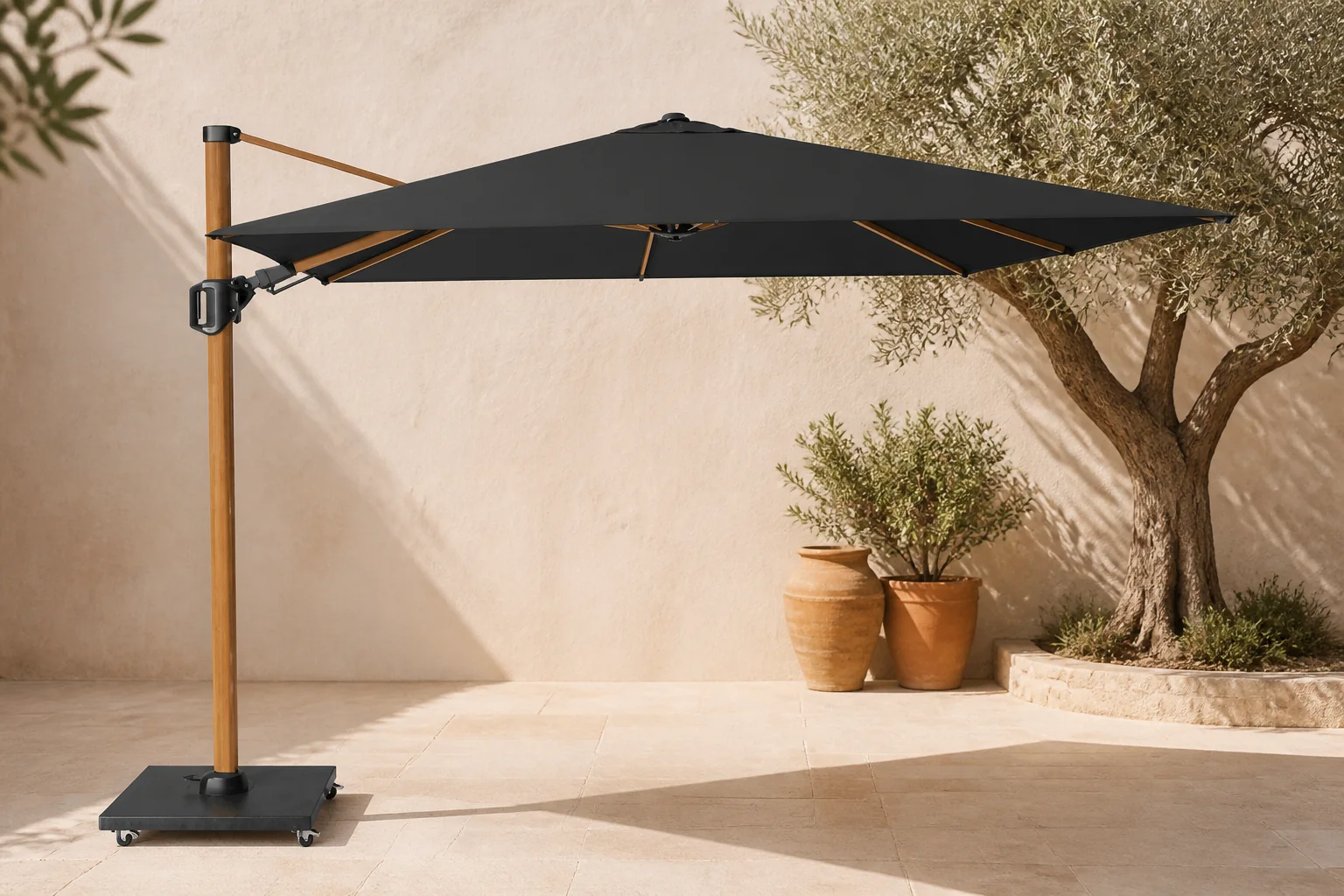 Sfeerfoto van Platinum Challenger T² zweefparasol premium doek | 300x300cm | Faded Black/Teak look – Zwart, Natural Teak